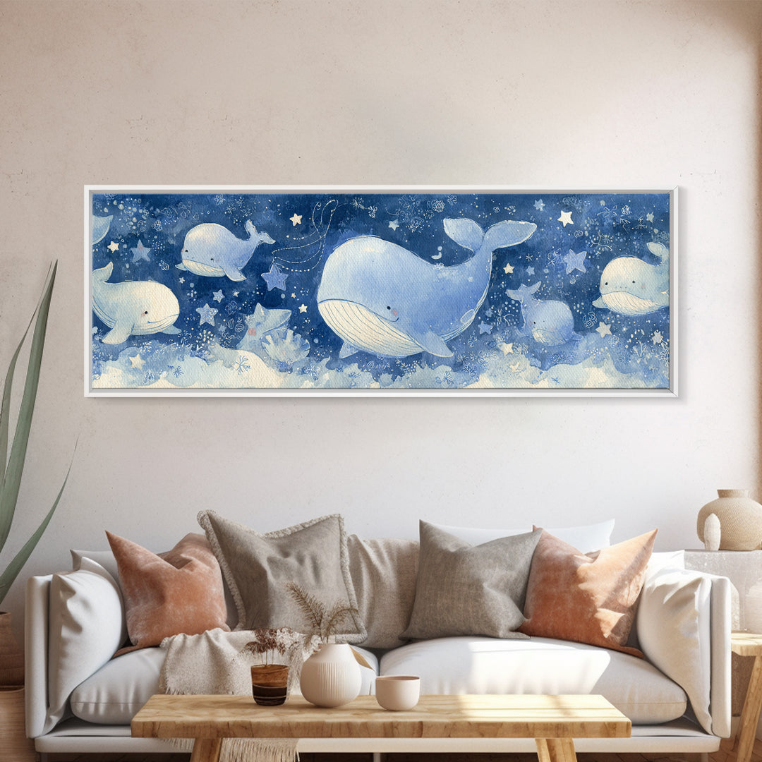 Whale and Tiny Stars Framed Canvas Print, Nursery Art, Wall Art, Nursery Decor, Nursery, Nursery Prints, Playroom Decor, NUR-3x1-72