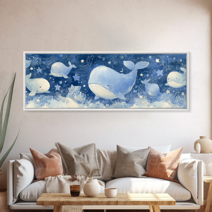 Whale and Tiny Stars Framed Canvas Print, Nursery Art, Wall Art, Nursery Decor, Nursery, Nursery Prints, Playroom Decor, NUR-3x1-72