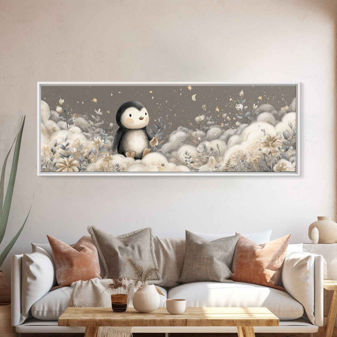 Penguin Holding a Little Heart Shape Framed Canvas Print, Nursery Art, Butterfly Wall Art, Nursery Decor, Fine Art, Nursery, NUR-3x1-74
