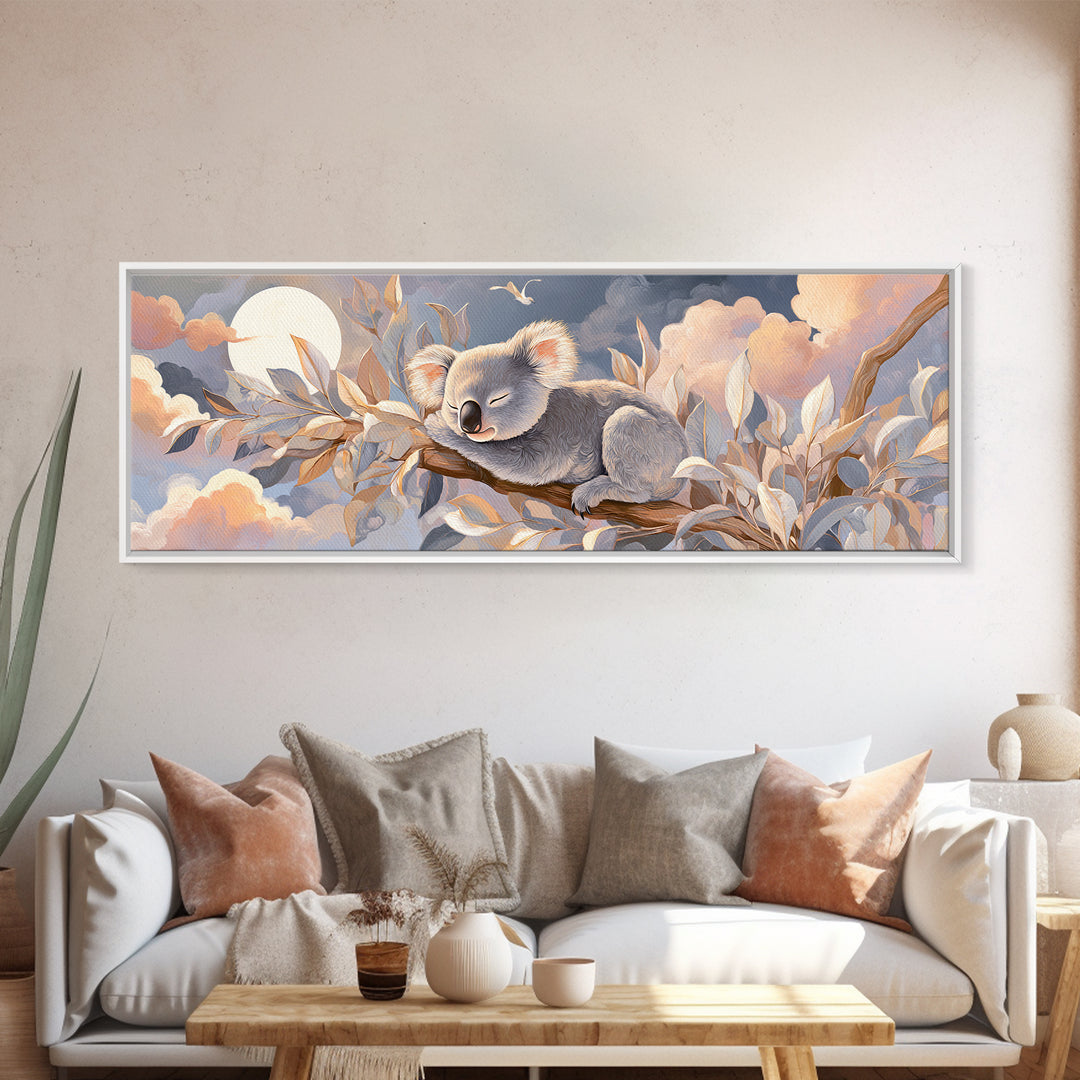 Sleeping Koala on Eucalyptus Branch Framed Canvas Print, Nursery Art, Watercolor Print, Nursery Decor, Oil Painting, Nursery, NUR-3x1-77