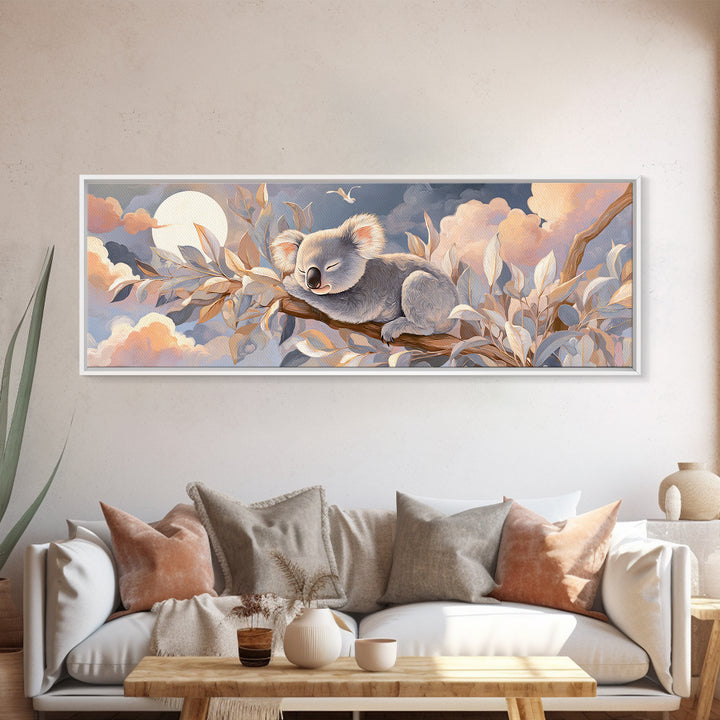 Sleeping Koala on Eucalyptus Branch Framed Canvas Print, Nursery Art, Watercolor Print, Nursery Decor, Oil Painting, Nursery, NUR-3x1-77