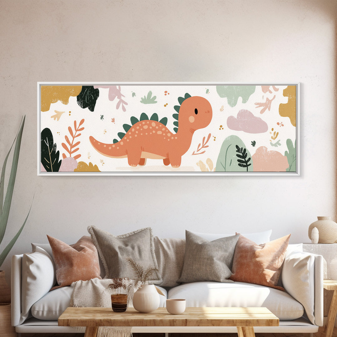 Tiny Dinosaur with Friendly Expression Framed Canvas Print, Nursery Art, Nursery Wall Decor, Nursery Decor, Oil Painting, NUR-3x1-79