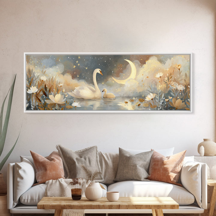 Swan and Cygnet Canvas Print, Nursery Art, Playroom Wall Art, Nursery Decor, Fine Art, Nursery, Statement Artwork, Boho Decor, NUR-3x1-8