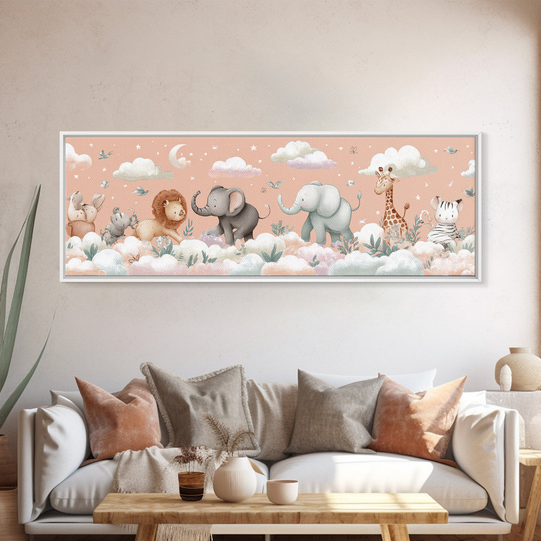 Pastel Jungle Animals Framed Canvas Print, Nursery Art, Nursery Prints, Nursery Decor, Fine Art, Nursery, Kids Wall Decor, NUR-3x1-82