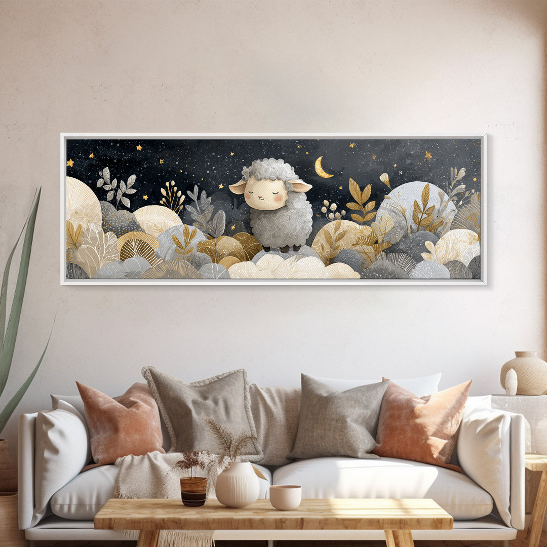 Little Lamb under a Starry Sky Canvas Print, Nursery Art, Nursery Decor, Fine Art, Nursery, Kids Wall Art, Woodland Nursery, NUR-3x1-83