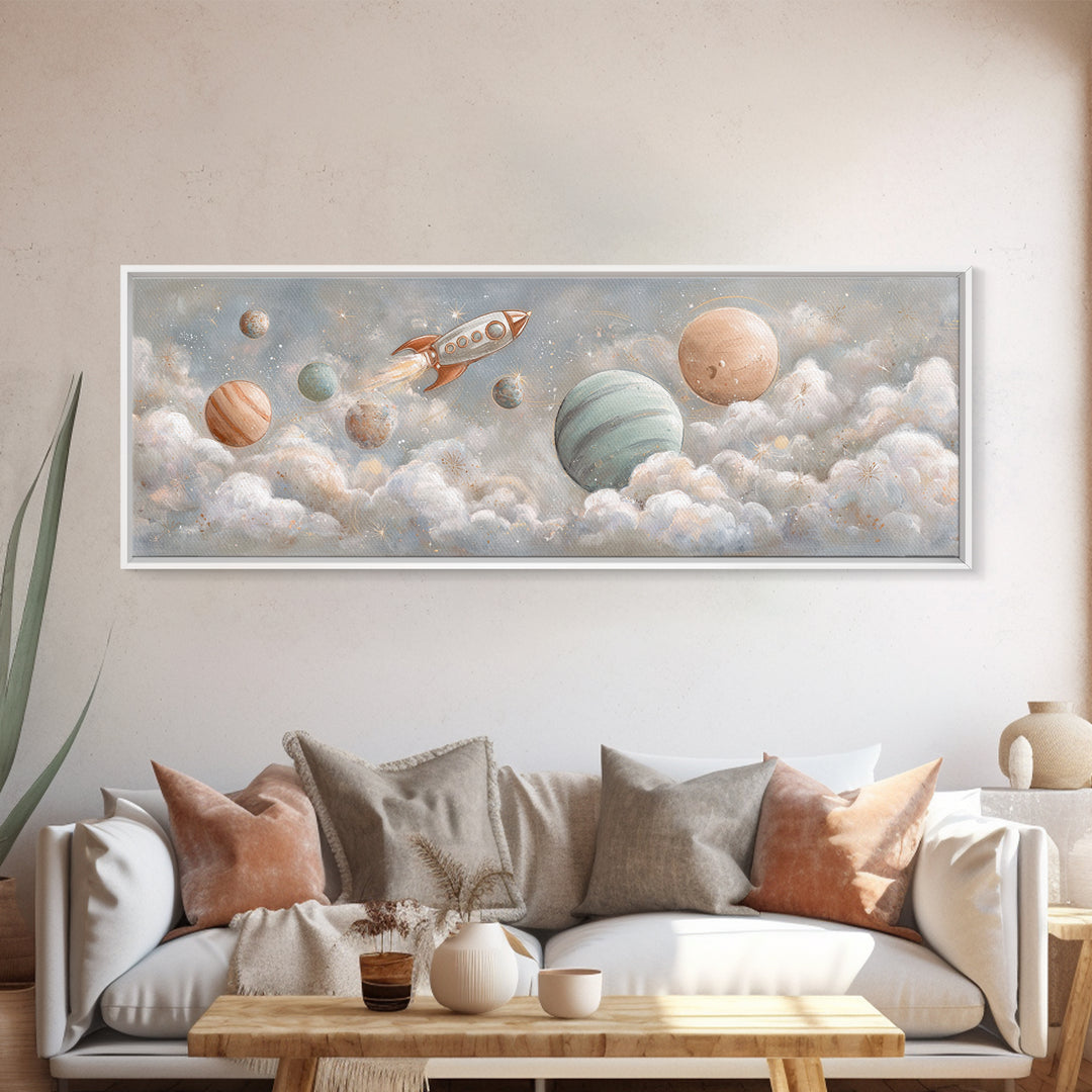 Rocket Ship and Smiling Planets Canvas Print, Nursery Art, Baby Girl Nursery, Nursery Decor, Oil Painting, Nursery, NUR-3x1-85