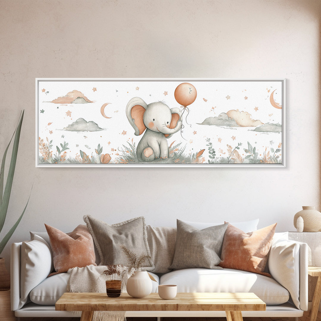 Sleepy Baby Elephant Holding a Tiny Balloon Framed Canvas Print, Nursery Art, Woodland Nursery Art, Nursery Decor, Oil Painting, NUR-3x1-89
