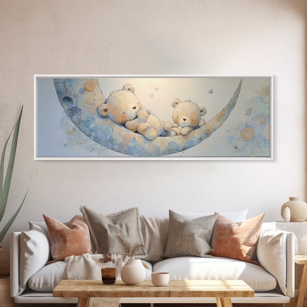 Baby Bear Floating on a Crescent Moon Canvas Print, Nursery Art, Digital Download Art, Nursery Decor, Watercolor Art, Nursery, NUR-3x1-94