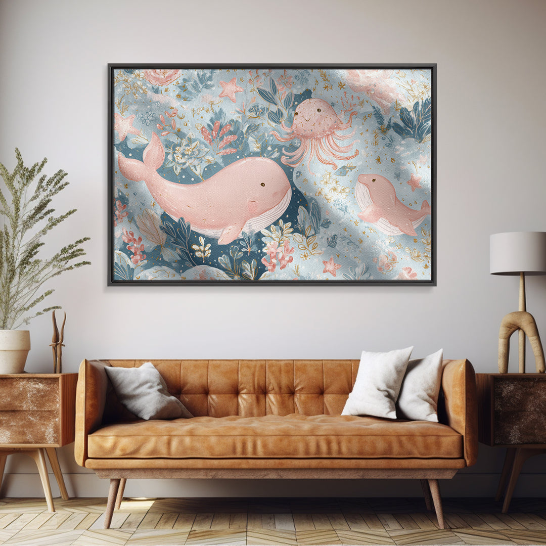 Friendly Ocean Creatures Framed Canvas Print, Nursery Art, Modern Decor, Nursery Decor, Fine Art, Nursery, Art Print, NUR-3x2-100