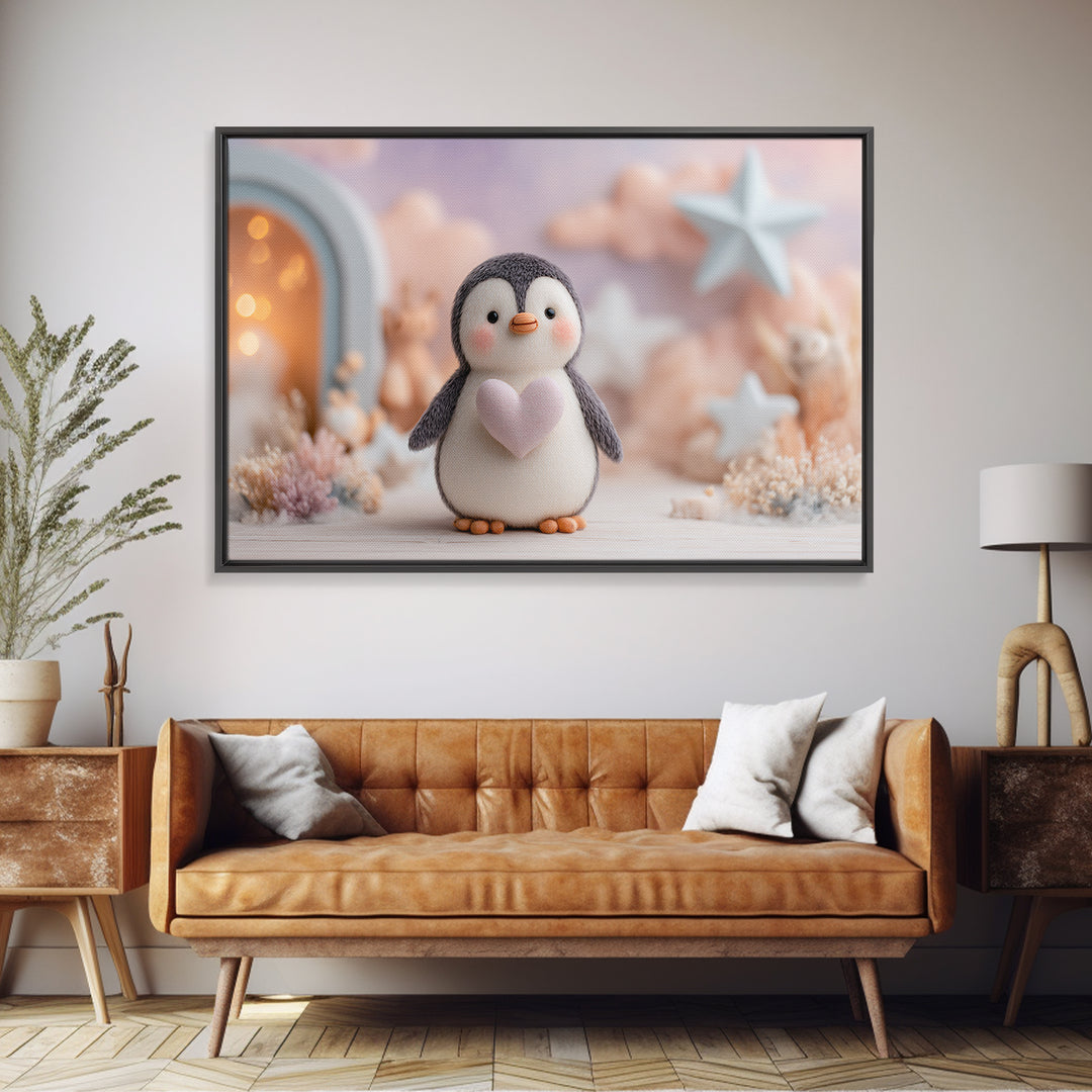 Penguin Holding a Little Heart Shape Framed Canvas Print, Nursery Art, Nursery Wall Art, Nursery Decor, Fine Art, Nursery, NUR-3x2-14