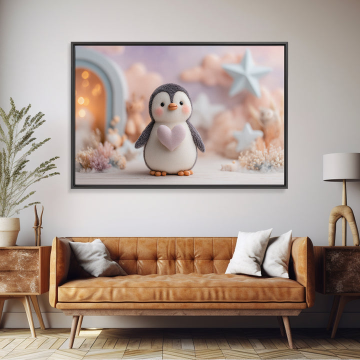 Penguin Holding a Little Heart Shape Framed Canvas Print, Nursery Art, Nursery Wall Art, Nursery Decor, Fine Art, Nursery, NUR-3x2-14