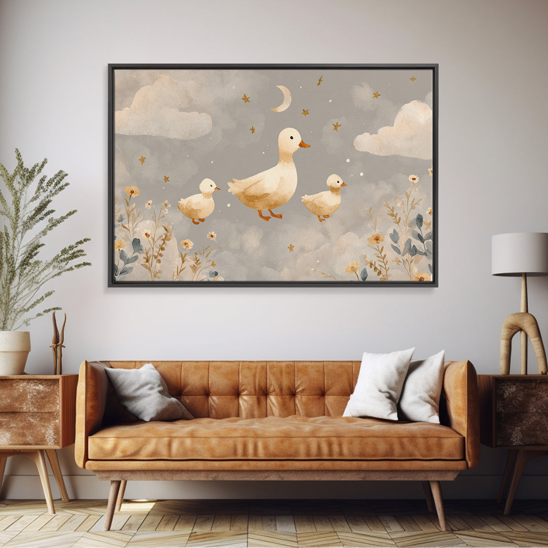 Ducklings Following a Mother Duck Framed Canvas Print, Nursery Art, Printable Art, Nursery Decor, Nursery, Watercolor Print, NUR-3x2-18