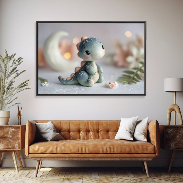 Tiny Dinosaur with Friendly Expression Framed Canvas Print, Nursery Art, Playroom Wall Art, Nursery Decor, Fine Art, Nursery, NUR-3x2-19