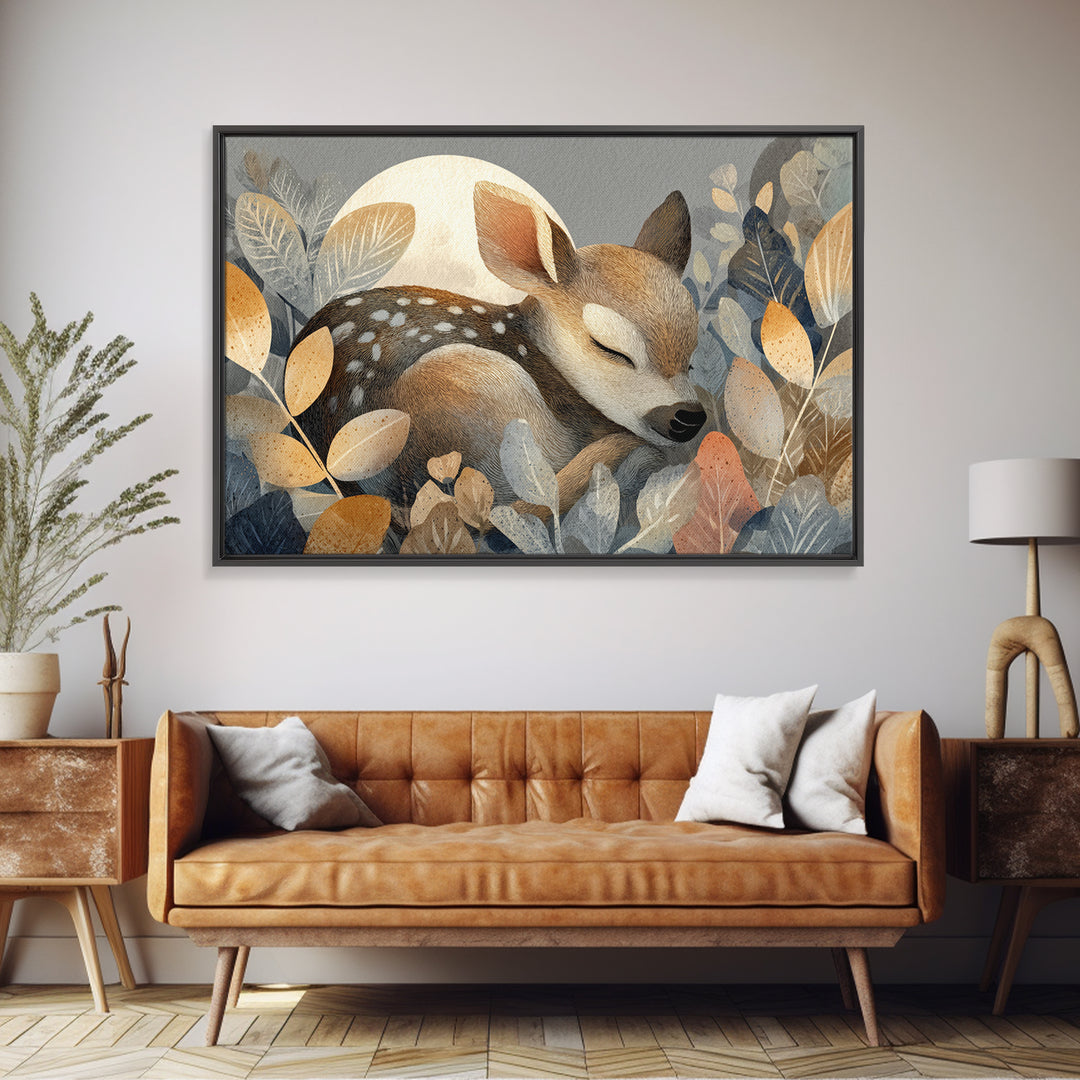 Deer Fawn Sleeping Framed Canvas Print, Nursery Art, Woodland Nursery, Nursery Decor, Fine Art, Nursery, Gallery Decor, NUR-3x2-27