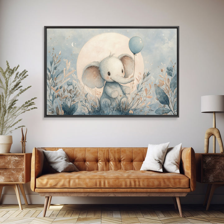 Sleepy Baby Elephant Holding a Tiny Balloon Canvas Print, Nursery Art, Kids Wall Decor, Nursery Decor, Fine Art, Nursery, NUR-3x2-29