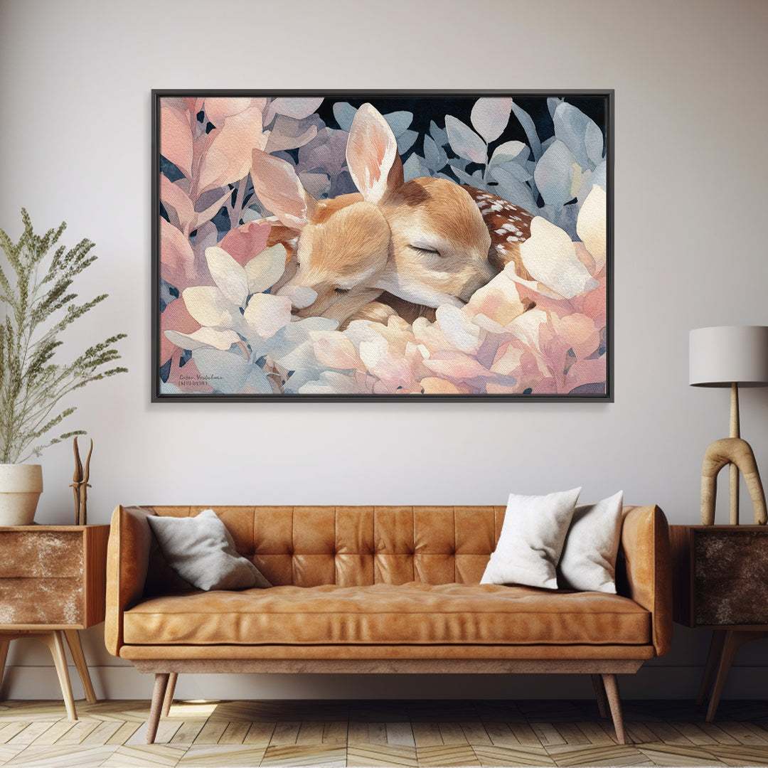 Deer Fawn Sleeping Canvas Print, Nursery Art, Playroom Decor, Nursery Decor, Nursery, Kids Room Wall Art, Dinosaur Wall Art, NUR-3x2-3