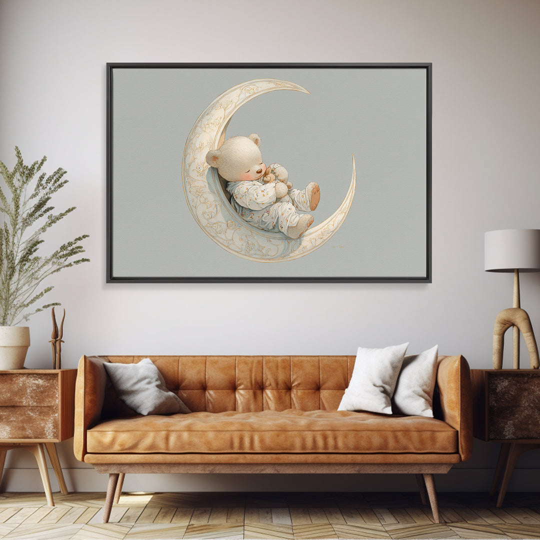 Baby Bear Floating on a Crescent Moon Canvas Print, Nursery Art, Digital Download Art, Nursery Decor, Watercolor Art, Nursery, NUR-3x2-34