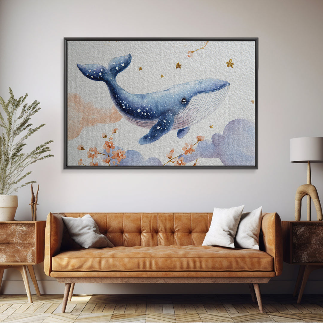 Whale and Tiny Stars Framed Canvas Print, Nursery Art, Kids Wall Art, Nursery Decor, Fine Art, Nursery, Gallery Decor, NUR-3x2-36