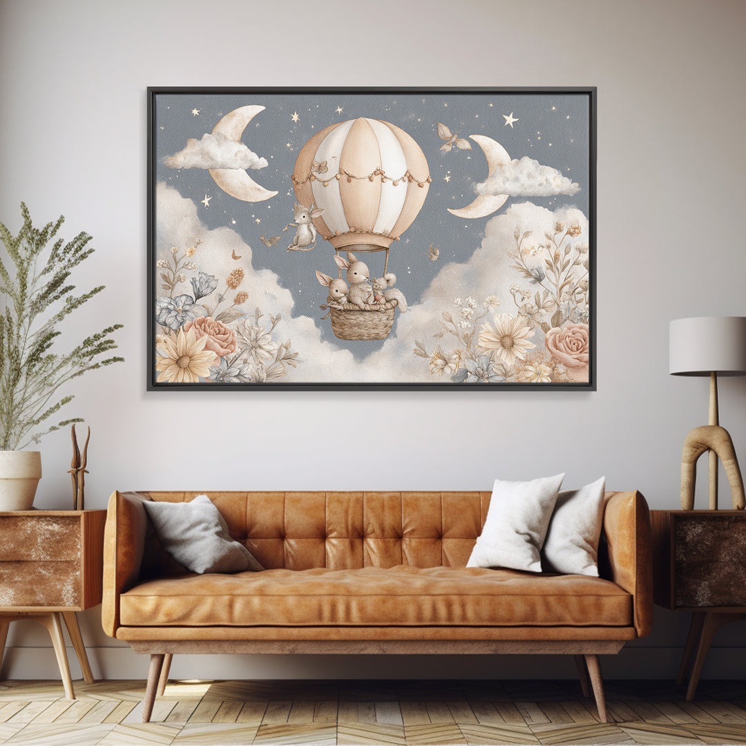 Floating Hot Air Balloon Framed Canvas Print, Nursery Art, Woodland Nursery, Nursery Decor, Oil Painting, Nursery, NUR-3x2-40