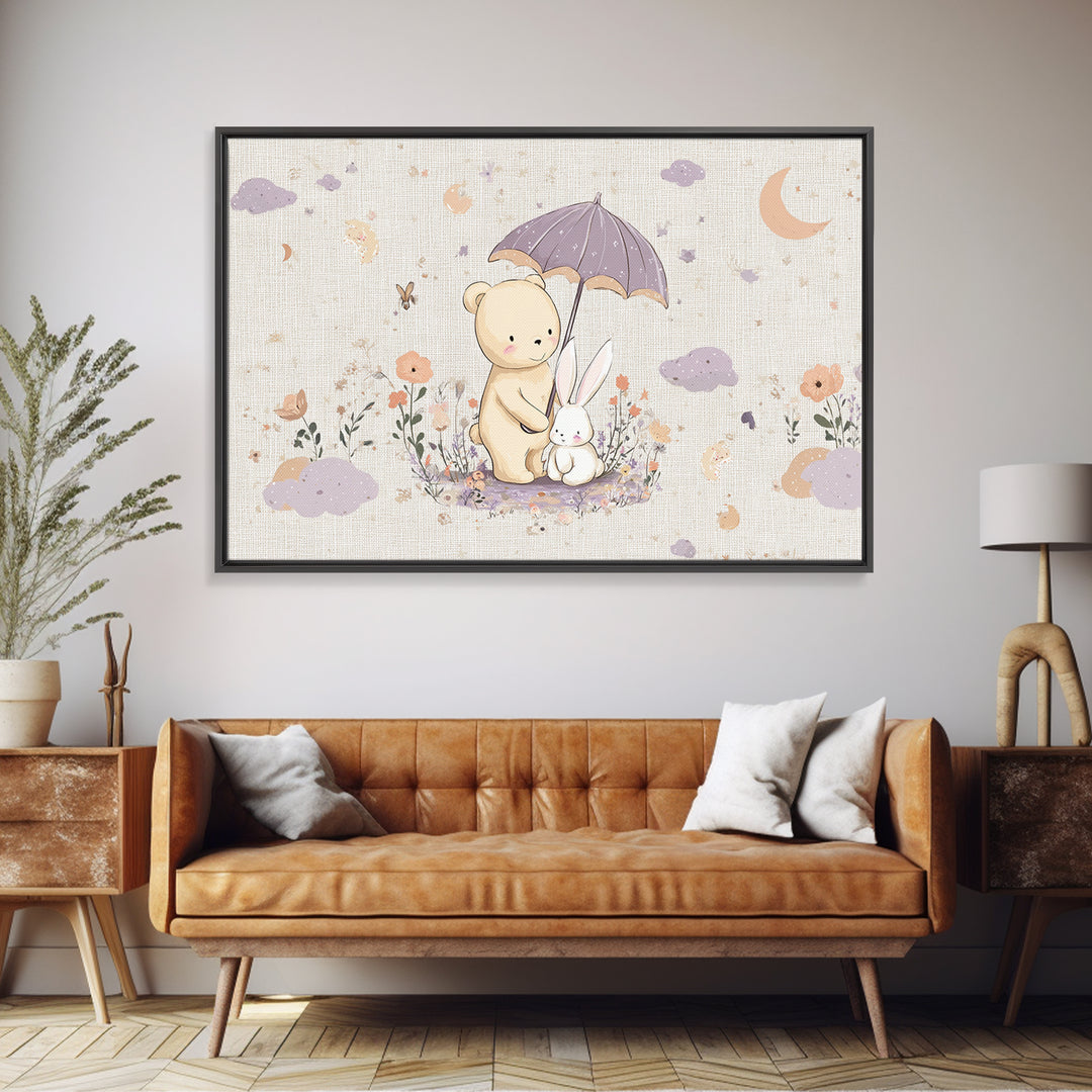 Bear and Rabbit Sharing Umbrella Framed Canvas Print, Nursery Art, Playroom Wall Art, Nursery Decor, Fine Art, Nursery, NUR-3x2-45