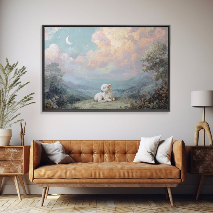 Little Lamb under a Starry Sky Framed Canvas Print, Nursery Art, Room Decor, Nursery Decor, Oil Painting, Nursery, NUR-3x2-47