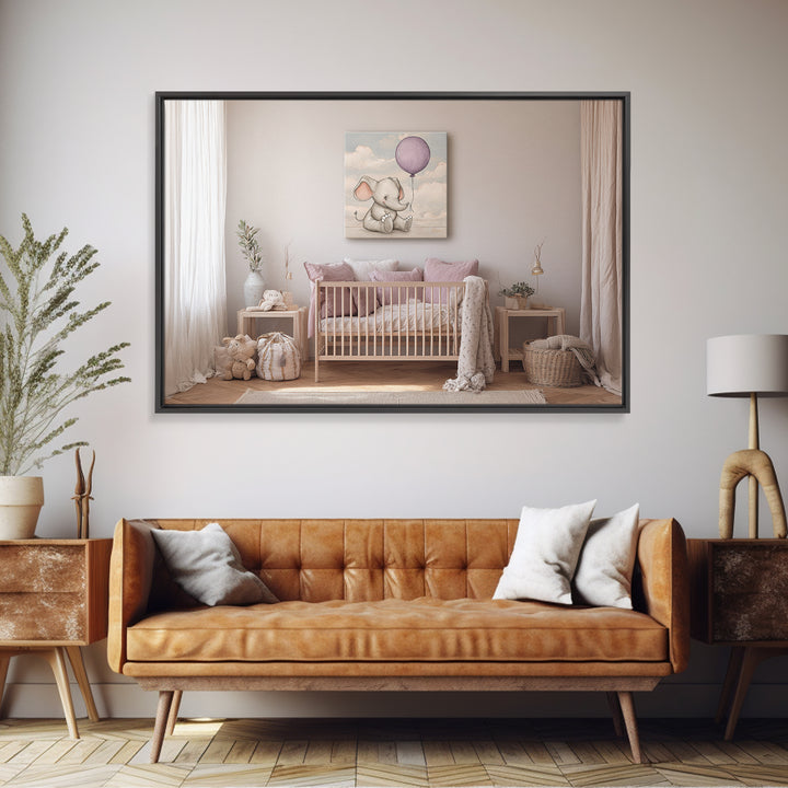 Sleepy Baby Elephant Holding a Tiny Balloon Framed Canvas Print, Nursery Art, Woodland Nursery, Nursery Decor, Nursery, NUR-3x2-5