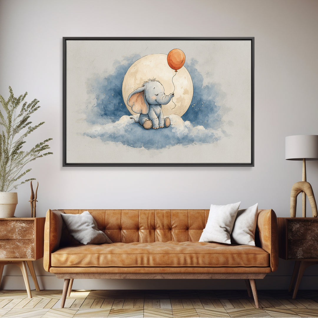 Sleepy Baby Elephant Holding a Tiny Balloon Canvas Print, Nursery Art, Kids Wall Decor, Nursery Decor, Fine Art, Nursery, NUR-3x2-53