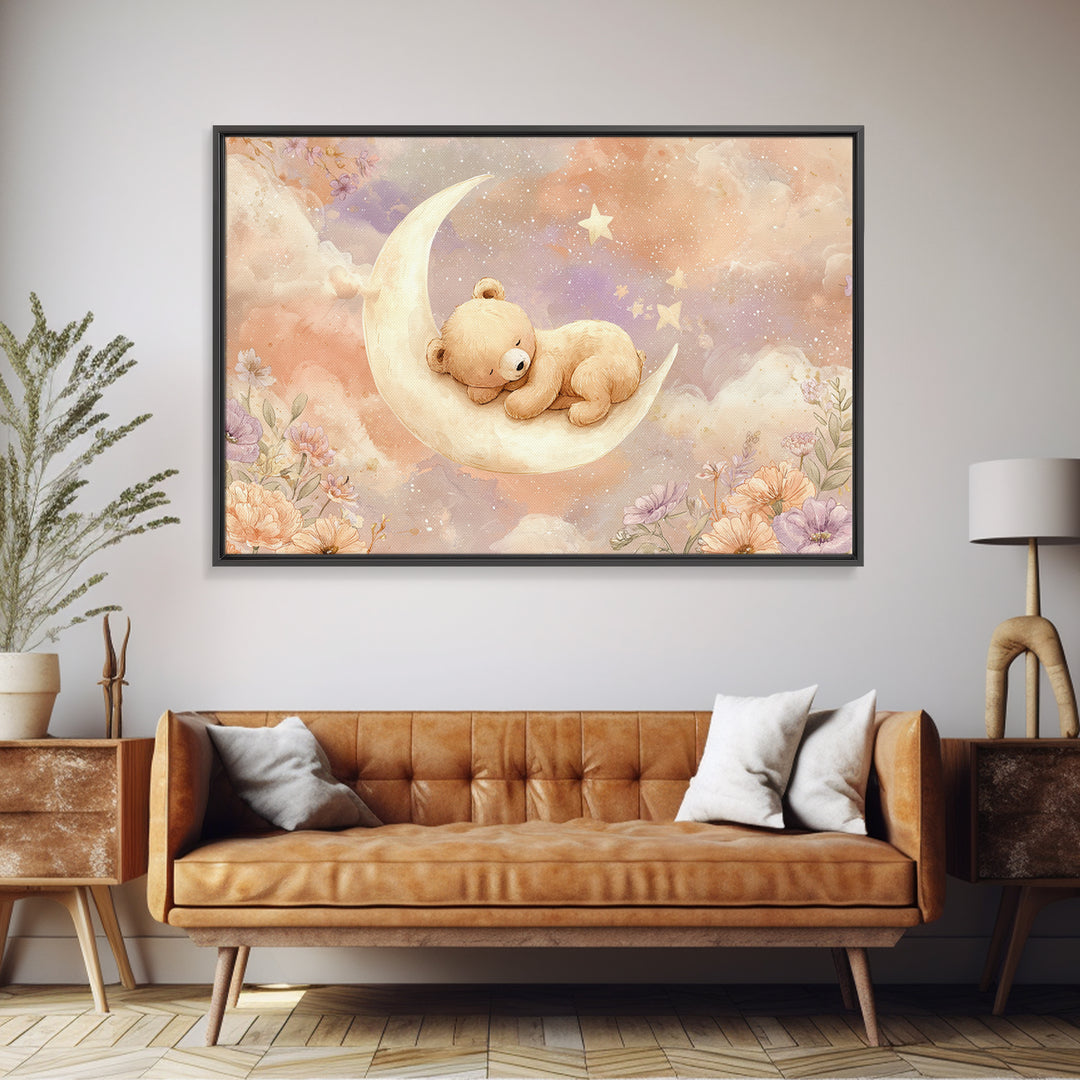Baby Bear Floating on a Crescent Moon Canvas Print, Nursery Art, Digital Download Art, Nursery Decor, Watercolor Art, Nursery, NUR-3x2-58