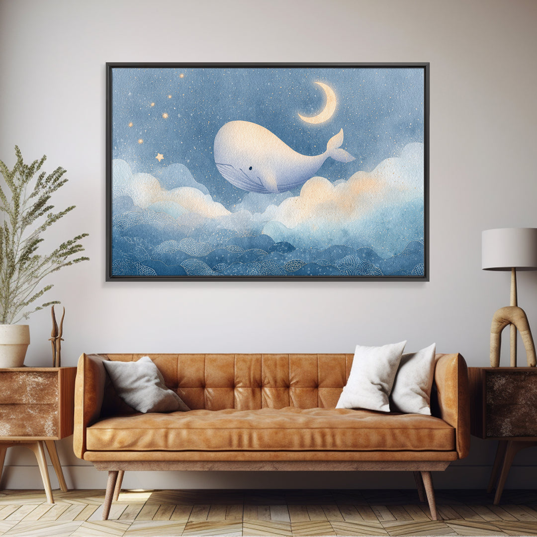 Whale and Tiny Stars Framed Canvas Print, Nursery Art, Whimsical Wall Art, Nursery Decor, Fine Art, Nursery, Minimalist Decor, NUR-3x2-60