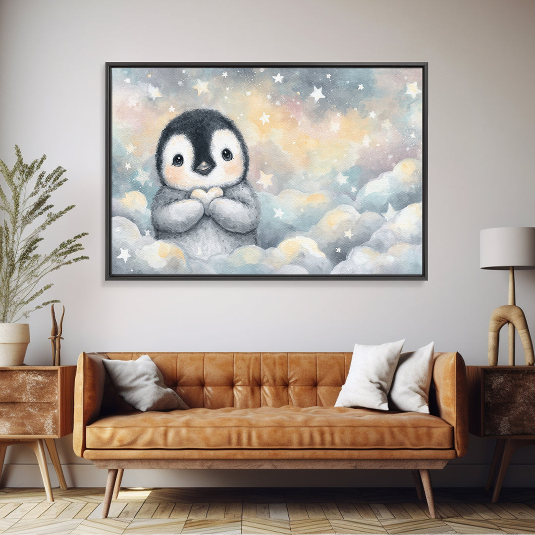 Penguin Holding a Little Heart Shape Canvas Print, Nursery Art, Nursery Prints, Nursery Decor, Abstract Art, Nursery, NUR-3x2-62