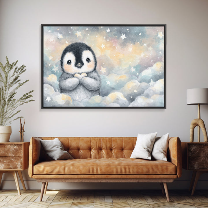 Penguin Holding a Little Heart Shape Canvas Print, Nursery Art, Nursery Prints, Nursery Decor, Abstract Art, Nursery, NUR-3x2-62