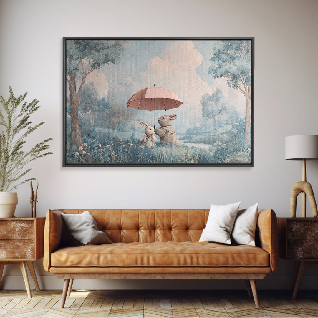 Bear and Rabbit Sharing Umbrella Framed Canvas Print, Nursery Art, Playroom Wall Art, Nursery Decor, Fine Art, Nursery, NUR-3x2-69