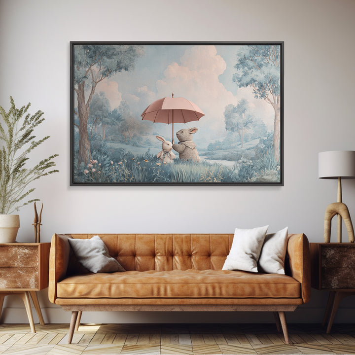 Bear and Rabbit Sharing Umbrella Framed Canvas Print, Nursery Art, Playroom Wall Art, Nursery Decor, Fine Art, Nursery, NUR-3x2-69