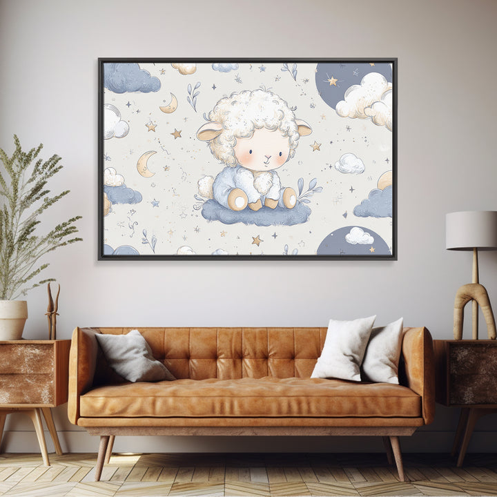 Little Lamb under a Starry Sky Framed Canvas Print, Nursery Art, Kids Wall Art, Nursery Decor, Watercolor Art, Nursery, NUR-3x2-71