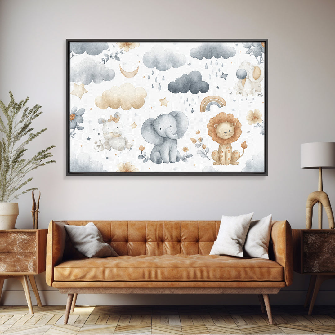 Clouds and Raindrops Framed Canvas Print, Nursery Art, Girl Nursery Decor, Nursery Decor, Oil Painting, Nursery, Kids Room Art, NUR-3x2-74