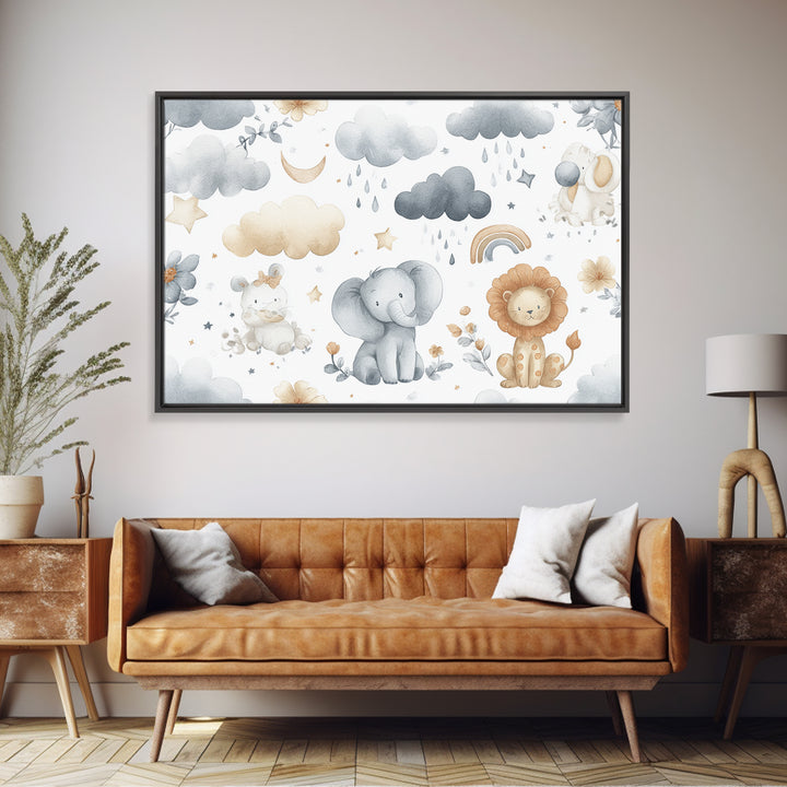 Clouds and Raindrops Framed Canvas Print, Nursery Art, Girl Nursery Decor, Nursery Decor, Oil Painting, Nursery, Kids Room Art, NUR-3x2-74
