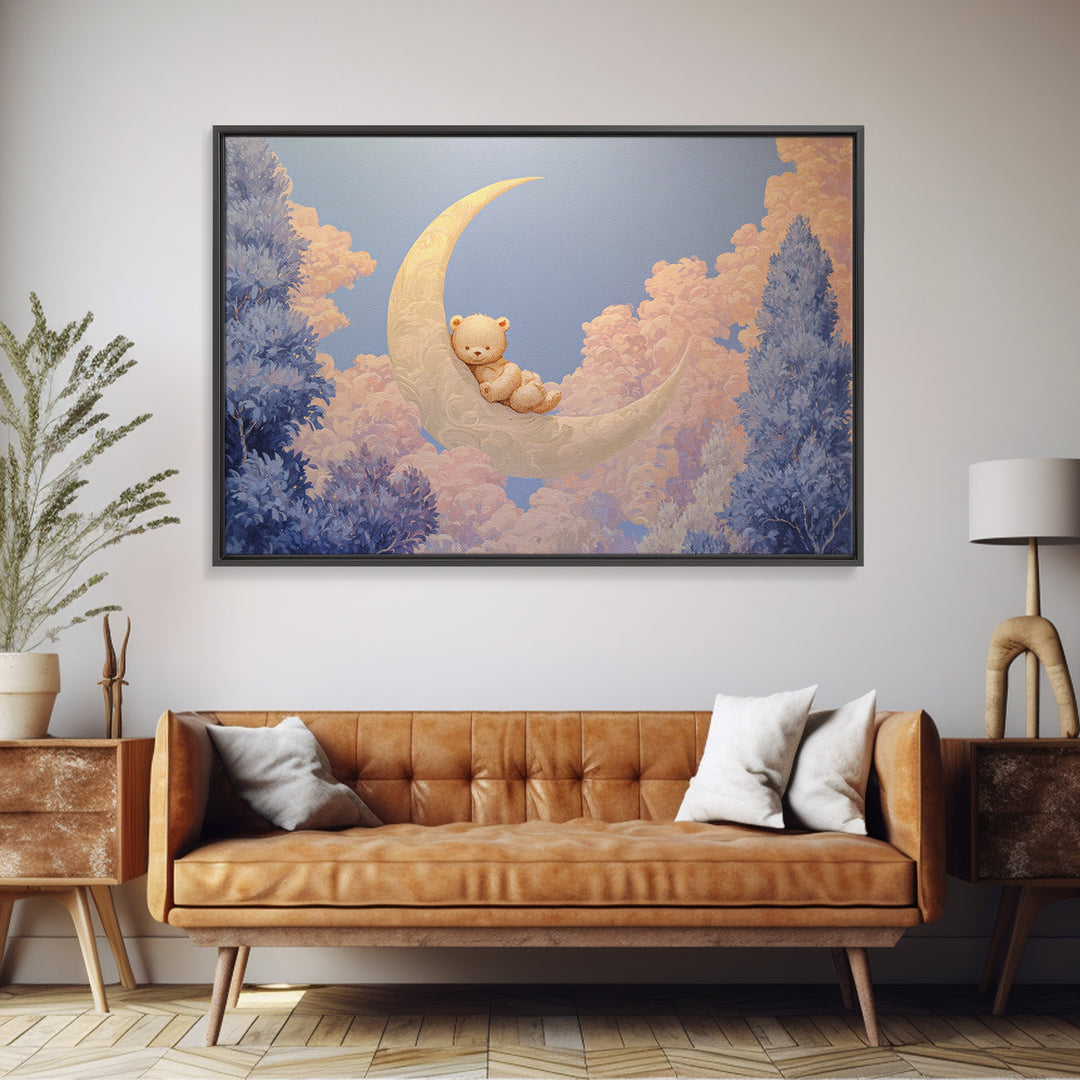 Baby Bear Floating on a Crescent Moon Framed Canvas Print, Nursery Art, Playroom Wall Art, Nursery Decor, Oil Painting, Nursery, NUR-3x2-82