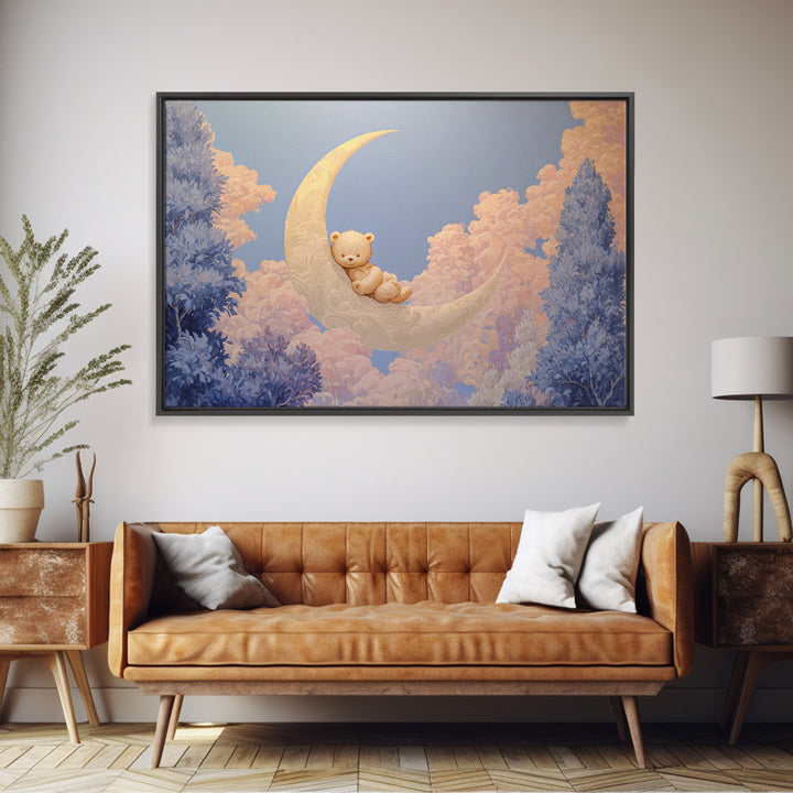 Baby Bear Floating on a Crescent Moon Framed Canvas Print, Nursery Art, Playroom Wall Art, Nursery Decor, Oil Painting, Nursery, NUR-3x2-82