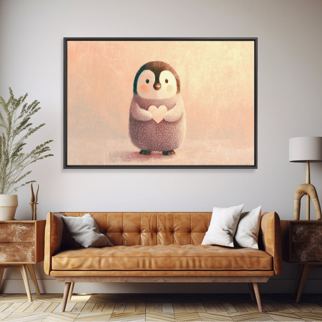 Penguin Holding a Little Heart Shape Framed Canvas Print, Nursery Art, Kids Wall Art, Nursery Decor, Abstract Art, Nursery, NUR-3x2-86