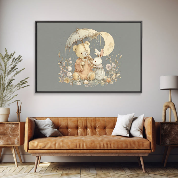 Bear and Rabbit Sharing Umbrella Canvas Print, Nursery Art, Woodland Nursery Art, Nursery Decor, Fine Art, Nursery, NUR-3x2-93