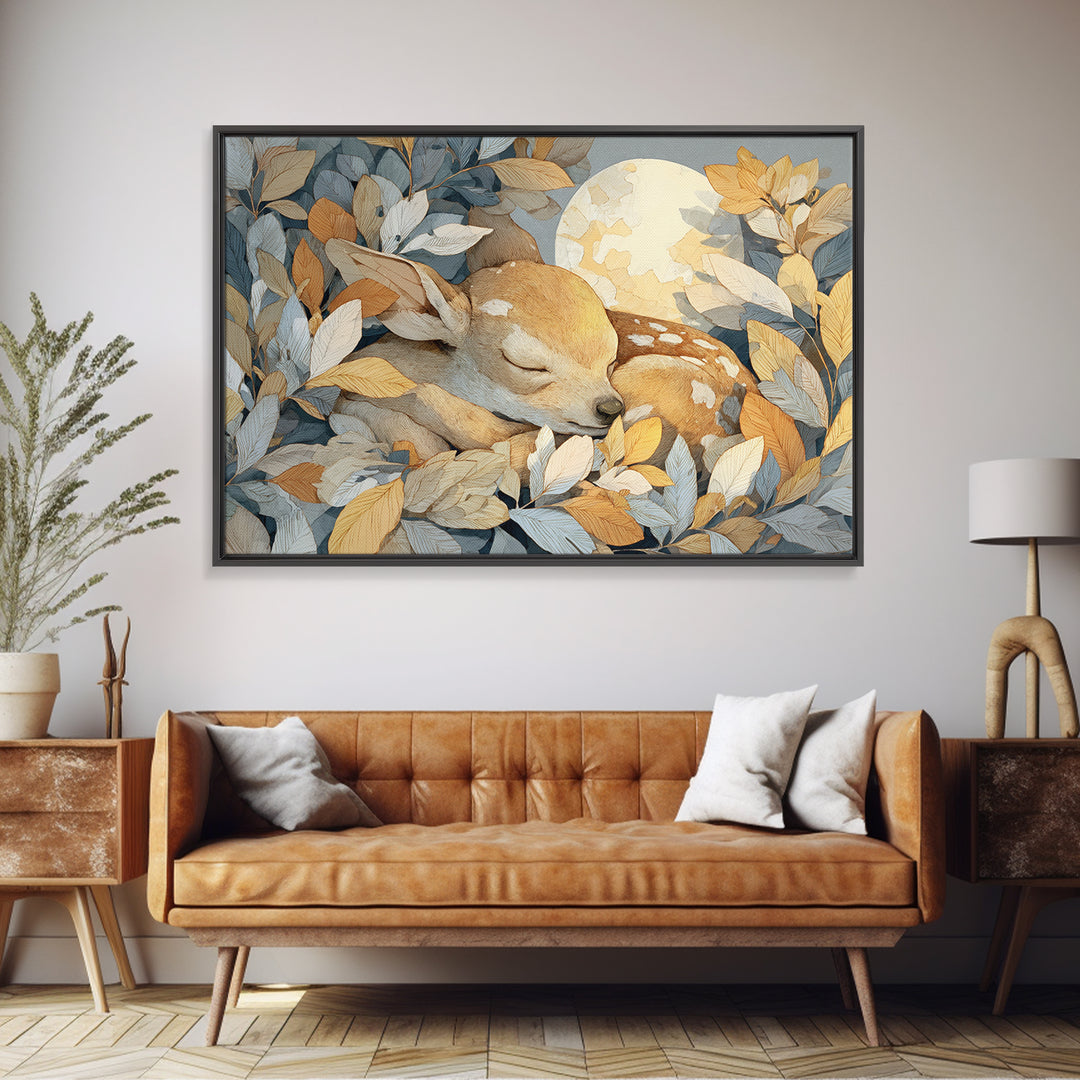 Deer Fawn Sleeping Framed Canvas Print, Nursery Art, Minimalist Decor, Nursery Decor, Fine Art, Nursery, Nursery Wall Decor, NUR-3x2-99