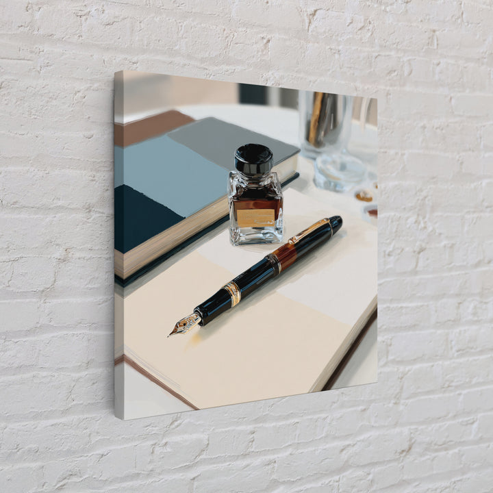 Fountain Pen and Notebook Still Life Without Canvas Print, Office Art, Ai Art, Office Decor, Oil Painting, Focus, OFF-1x1-22