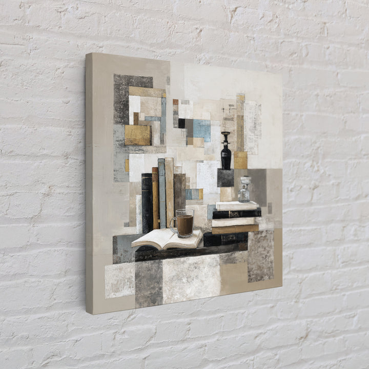 Books and Coffee Still Life Framed Canvas Print, Office Art, Statement Artwork, Office Decor, Abstract Art, Focus, Wall Decor, OFF-1x1-57