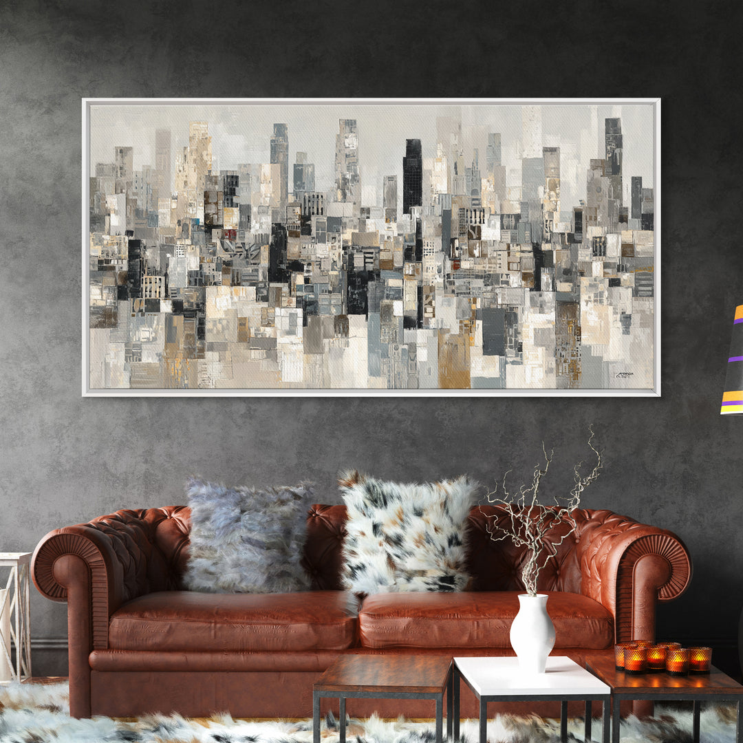 Black and White City Skyline Silhouette Framed Canvas Print, Office Art, Home Decor, Office Decor, Fine Art, Focus, Art Deco, OFF-2x1-1