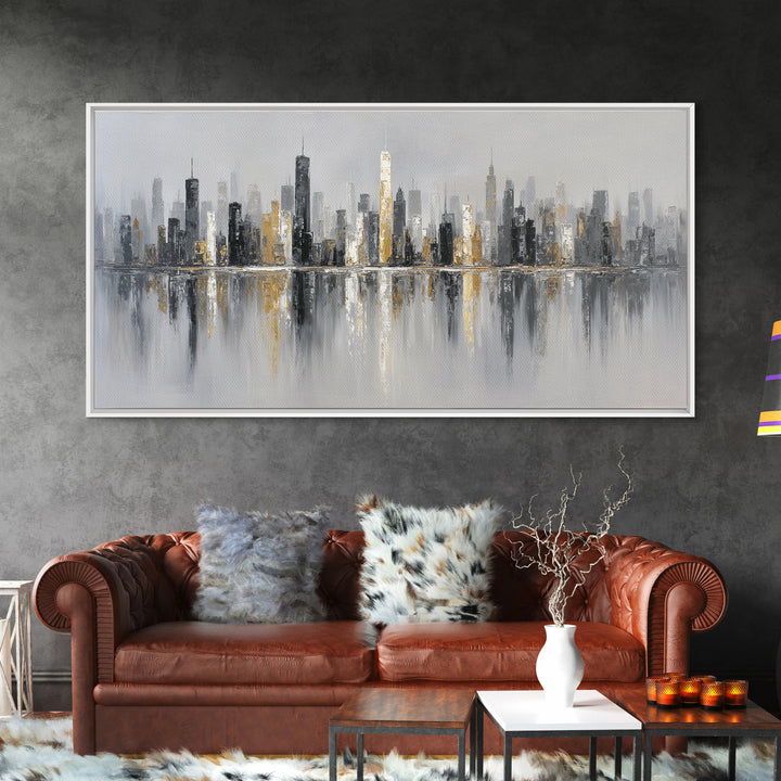 Black and White City Skyline Silhouette Framed Canvas Print, Office Art, Home Decor, Office Decor, Fine Art, Focus, Art Deco, OFF-2x1-25