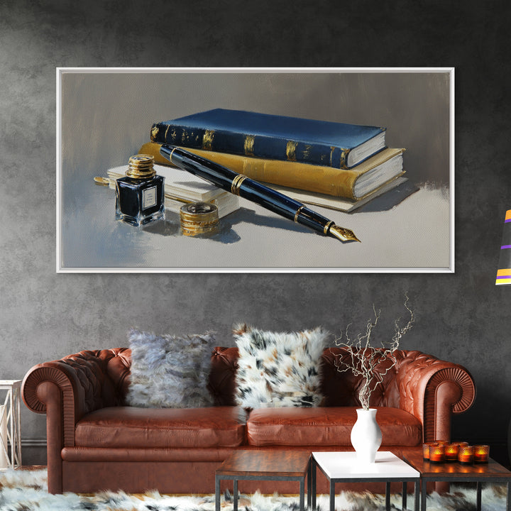 Fountain Pen and Notebook Still Life Without Framed Canvas Print, Office Art, Poster, Office Decor, Oil Painting, Focus, OFF-2x1-90