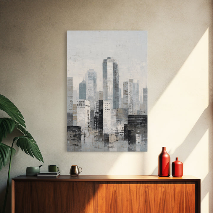 Black and White City Skyline Silhouette Framed Canvas Print, Office Art, Wall Decor, Office Decor, Abstract Art, Focus, OFF-2x3-37