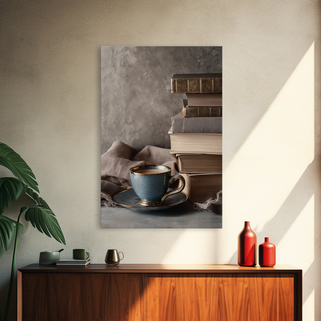 Books and Coffee Still Life Canvas Print, Office Art, Office Decor, Fine Art, Focus, Abstract Wall Art, Dopamine Decor, OFF-2x3-65