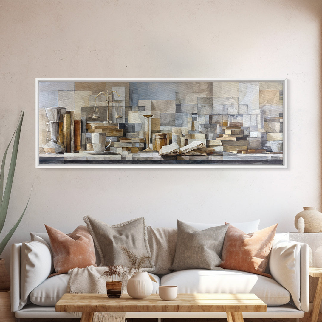 Books and Coffee Still Life Canvas Print, Office Art, Printable Art, Office Decor, Abstract Art, Focus, Neutral Decor, OFF-3x1-49