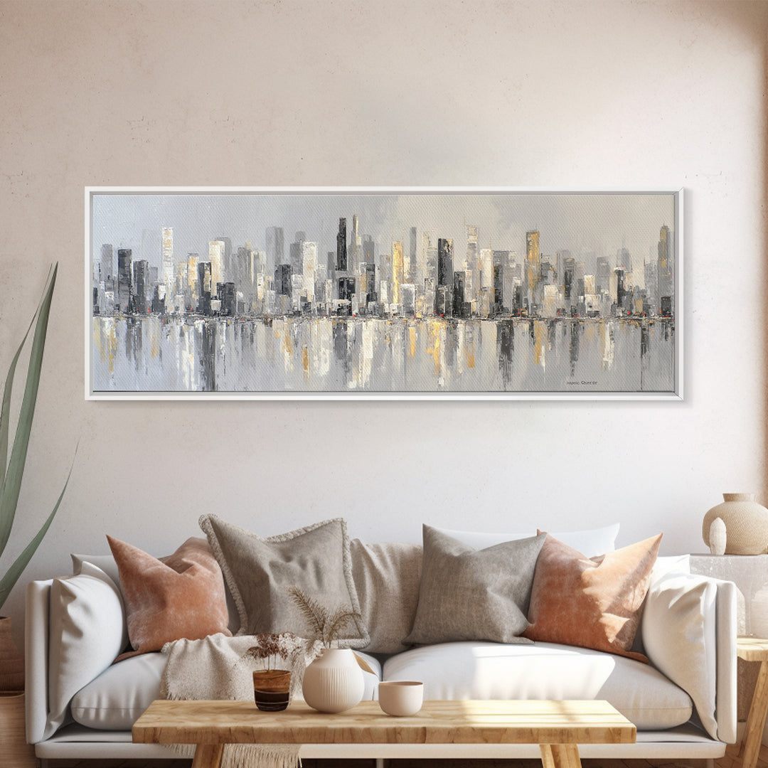 Black and White City Skyline Silhouette Framed Canvas Print, Office Art, Office Wall Art, Office Decor, Fine Art, Focus, OFF-3x1-69